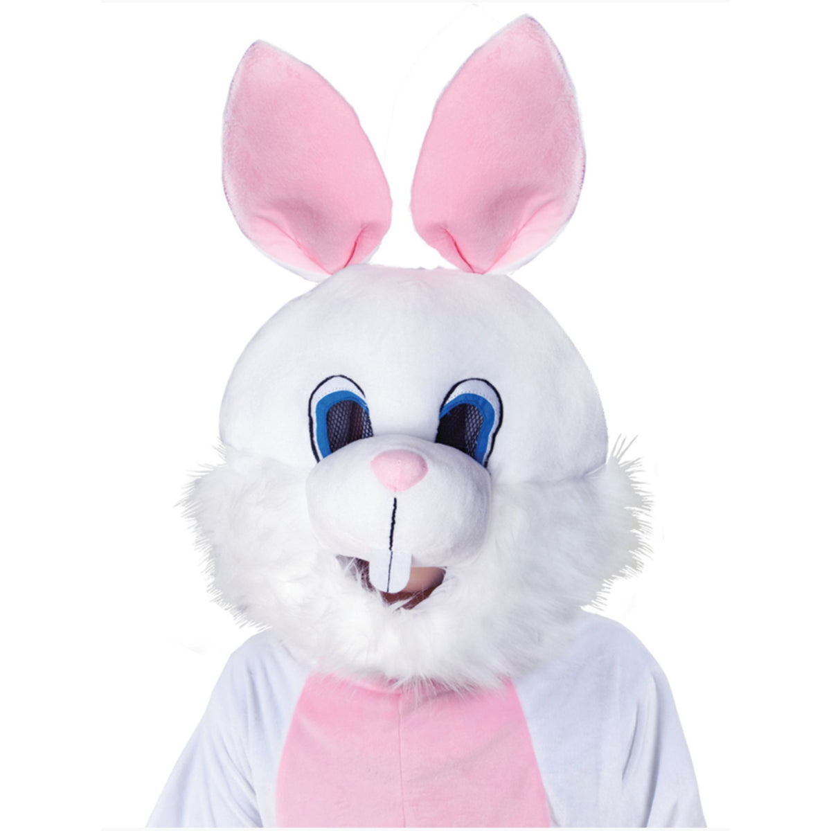 White bunny mask with pink ears and a pink bow tie on a white background
