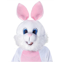 White bunny mask with pink ears and a pink bow tie on a white background
