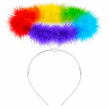 A rainbow feather headband featuring fluffy feathers in red, orange, yellow, green, blue, and purple, attached to a white plastic headband.