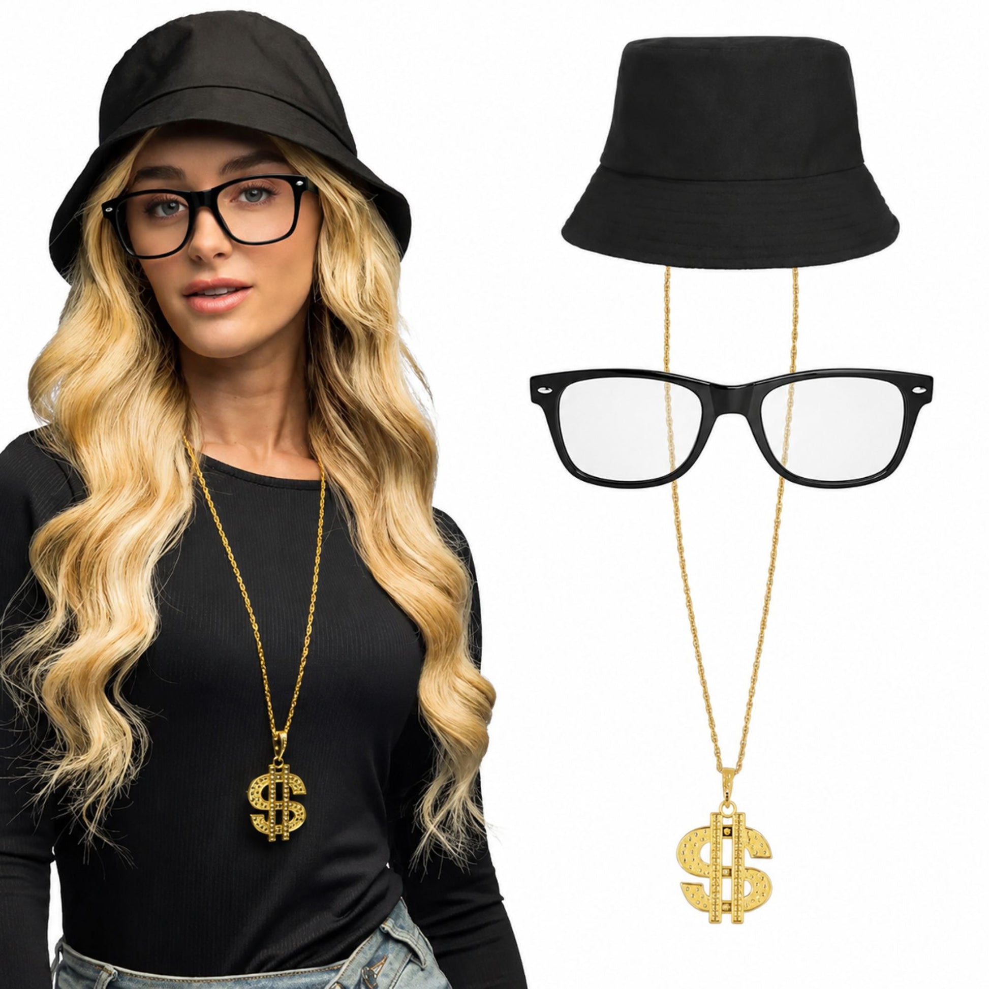 Woman wearing a black hat and glasses with a gold necklace featuring a dollar sign pendant, on a white background.