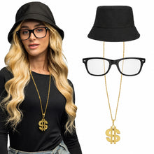 Woman wearing a black hat and glasses with a gold necklace featuring a dollar sign pendant, on a white background.