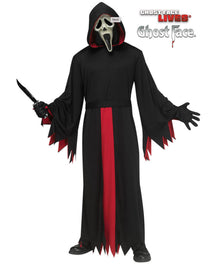 A person wearing a Ghostface Halloween costume from Ghost Face Lives in the Dark, featuring a black hooded robe with red lining, a white and black mask, black gloves, and a black dagger prop, shown against a plain white background.