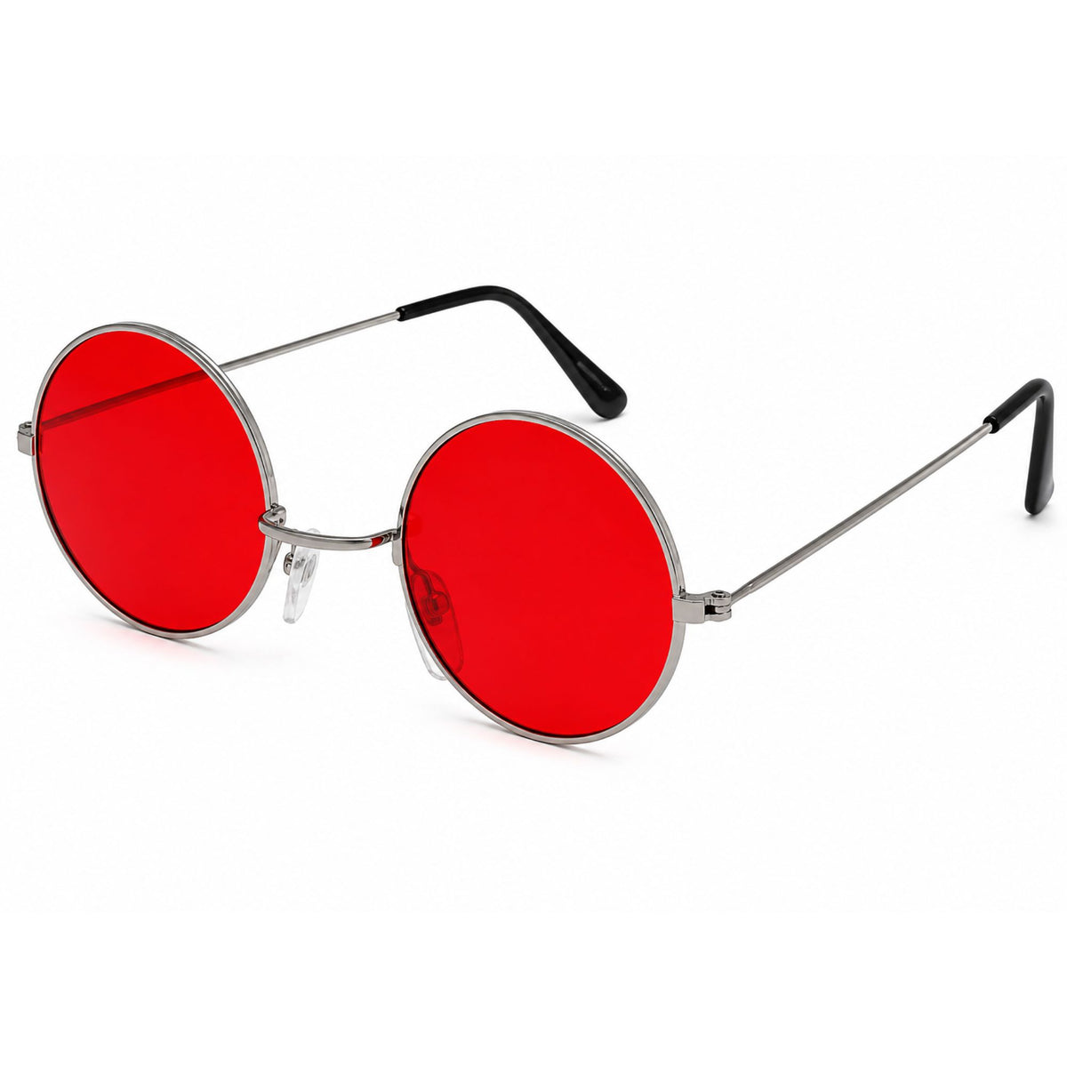 Round sunglasses with vibrant red lenses and thin silver metal frames, featuring black temple tips, shown on a plain white background.