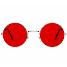 Round sunglasses with vibrant red lenses and a thin silver metal frame, shown against a plain white background.
