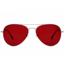 A pair of aviator-style sunglasses with a thin silver metal frame and vibrant red lenses, shown against a plain white background.