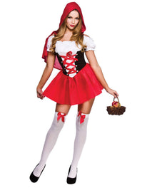 A woman modeling a Red Riding Hood costume against a plain white background. The costume includes a red hood, white blouse, black corset-style bodice with red lace-up detail, red skirt, white thigh-high stockings with red bows, and a small brown basket with an apple.