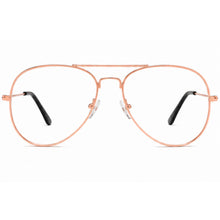A pair of classic aviator-style eyeglasses with a thin rose gold metal frame, clear lenses, and black temple tips, shown against a plain white background.