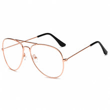 A pair of aviator-style eyeglasses with a thin rose gold metal frame and black temple tips, shown on a plain white background.