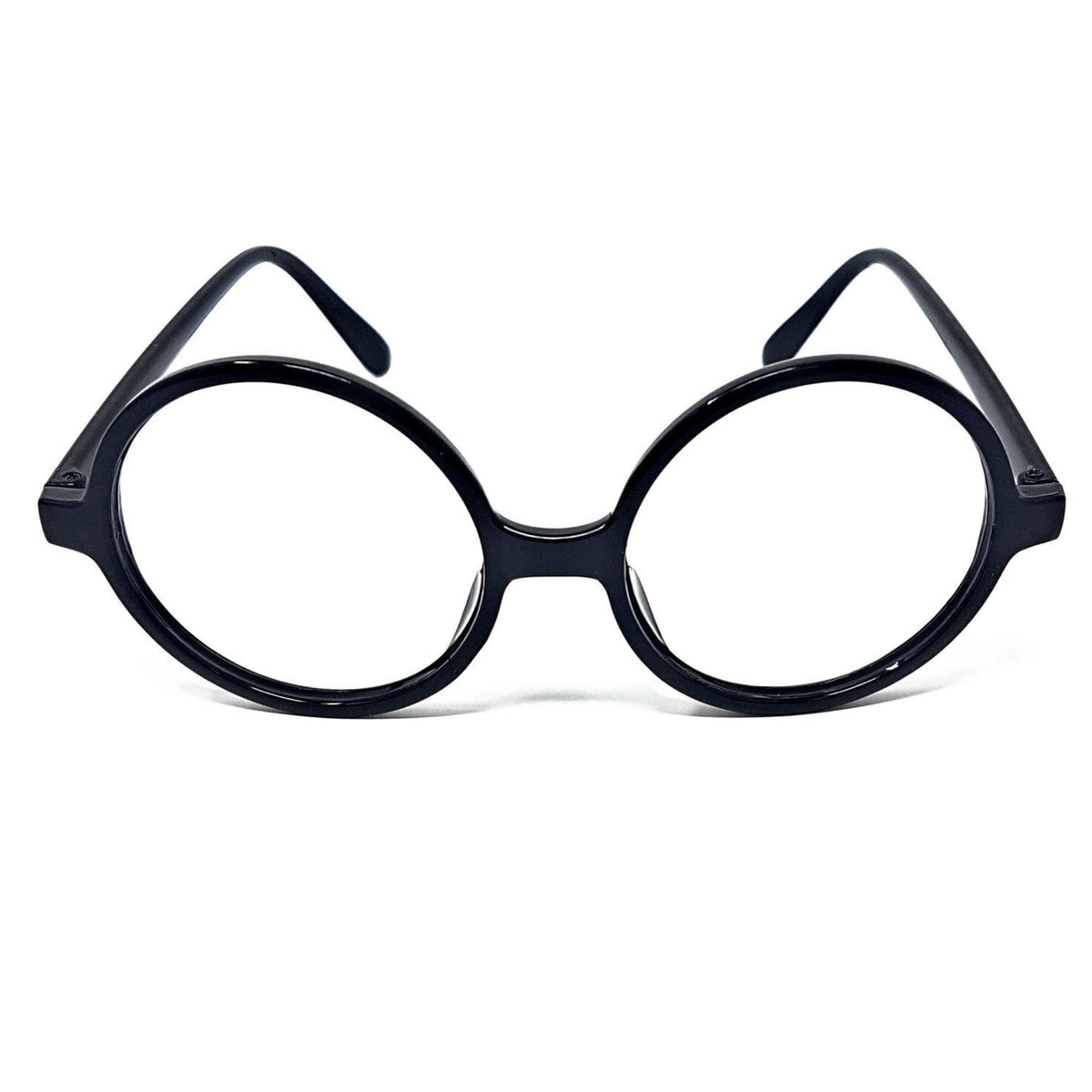 Oversized round eyeglasses with a glossy black frame, shown from the front on a clean white background.