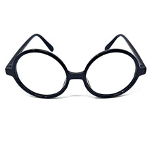 Oversized round eyeglasses with a glossy black frame, shown from the front on a clean white background.