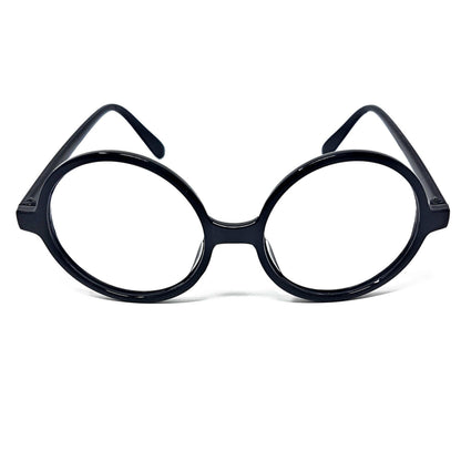 Oversized round eyeglasses with a glossy black frame, shown from the front on a clean white background.