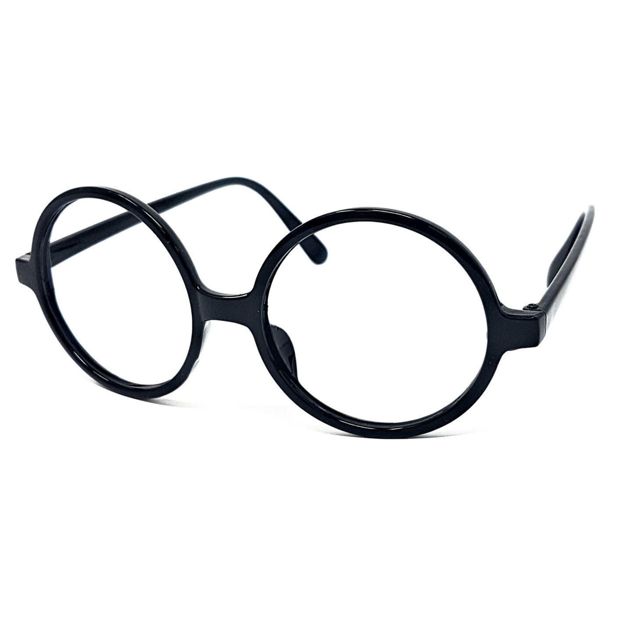 Black round-frame eyeglasses shown at an angle on a plain white background.