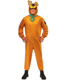 A person modeling a Scooby-Doo costume jumpsuit in bright orange with a hood featuring dog ears and a face, plus a green diamond-shaped chest emblem, shown against a plain white background.