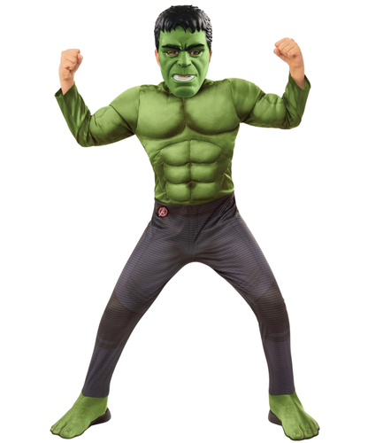 A child modeling a Hulk costume consisting of a green muscular chest piece, a green face mask, and dark gray pants, posed against a solid white background.