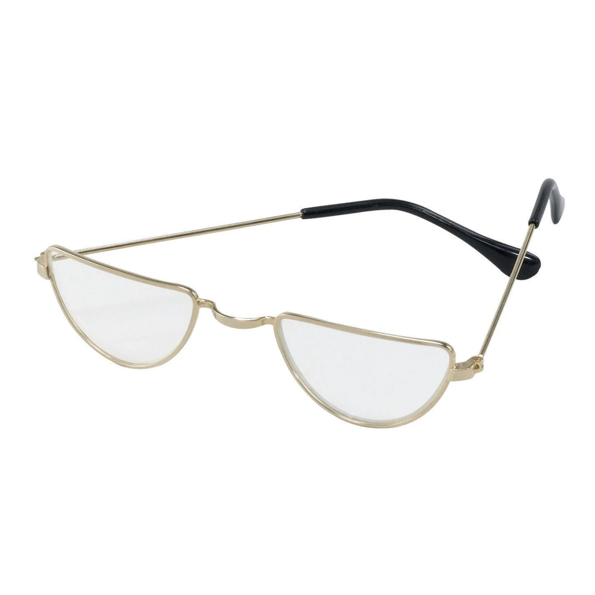 Gold-framed cat-eye glasses with a black arm on a white background