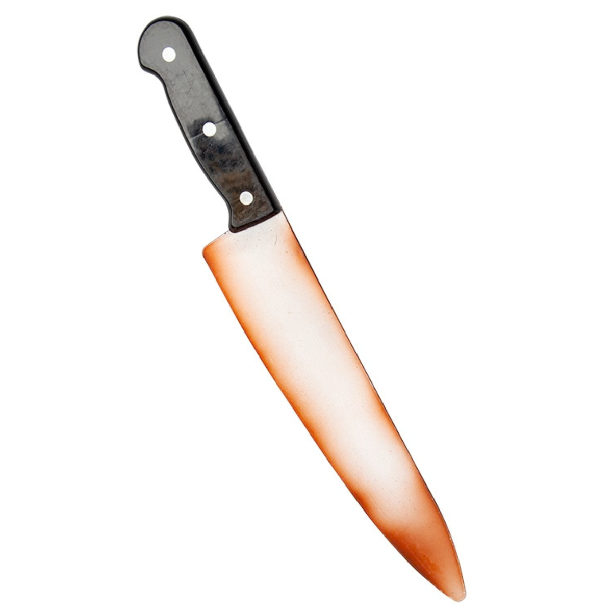 A kitchen knife with a black handle and a blade that has a white-to-orange gradient finish, shown against a plain white background.