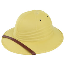 A beige safari-style pith helmet hat with a brown chin strap, shown against a plain white background.