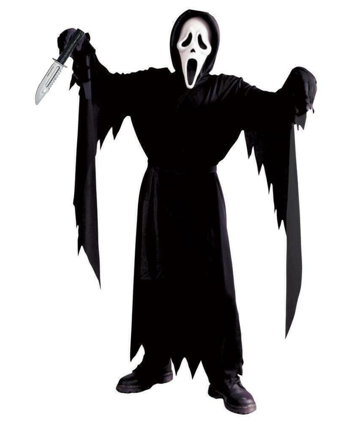 A person wearing a Ghostface-style Halloween costume stands against a plain white background, holding a knife prop out to the side. The costume includes a black hooded robe with jagged edges, a white mask with black eye and mouth details, black gloves, and black shoes.