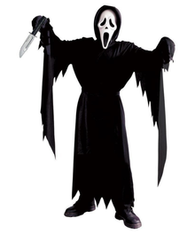 A person wearing a Ghostface-style Halloween costume stands against a plain white background, holding a knife prop out to the side. The costume includes a black hooded robe with jagged edges, a white mask with black eye and mouth details, black gloves, and black shoes.