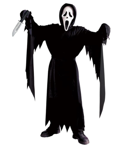 A person wearing a Ghostface-style Halloween costume stands against a plain white background, holding a knife prop out to the side. The costume includes a black hooded robe with jagged edges, a white mask with black eye and mouth details, black gloves, and black shoes.