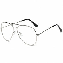 Silver metal aviator-style eyeglasses with clear lenses and black temple tips, shown on a plain white background.