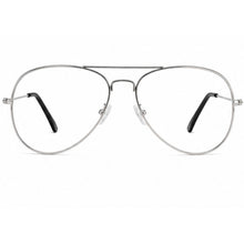 A pair of classic aviator-style eyeglasses with a thin silver metal frame and clear lenses, shown against a plain white background.