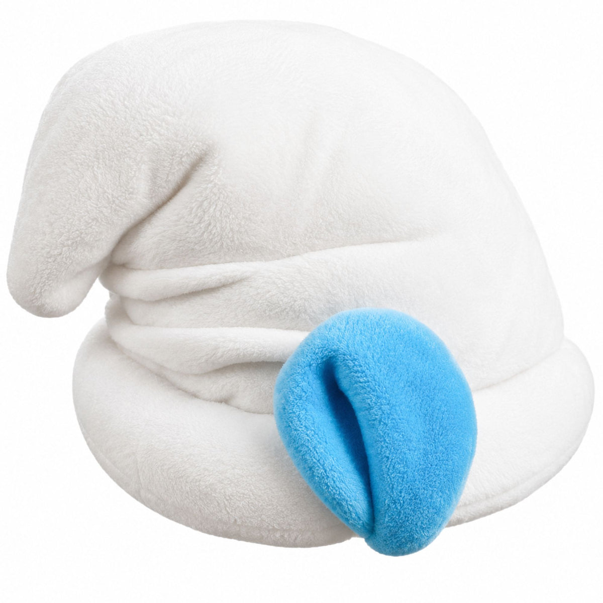 A plush white hat with a bright blue ear accent, photographed on a clean white background.