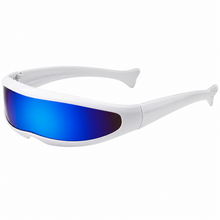 White wrap-around sunglasses with a vibrant blue mirrored lens, shown from a three-quarters angle on a solid white background.