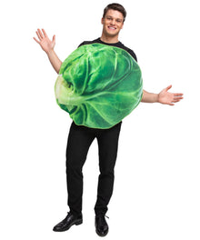 A man modeling a green cabbage costume accessory with a realistic leaf print, worn over his shoulders, on a solid white background.