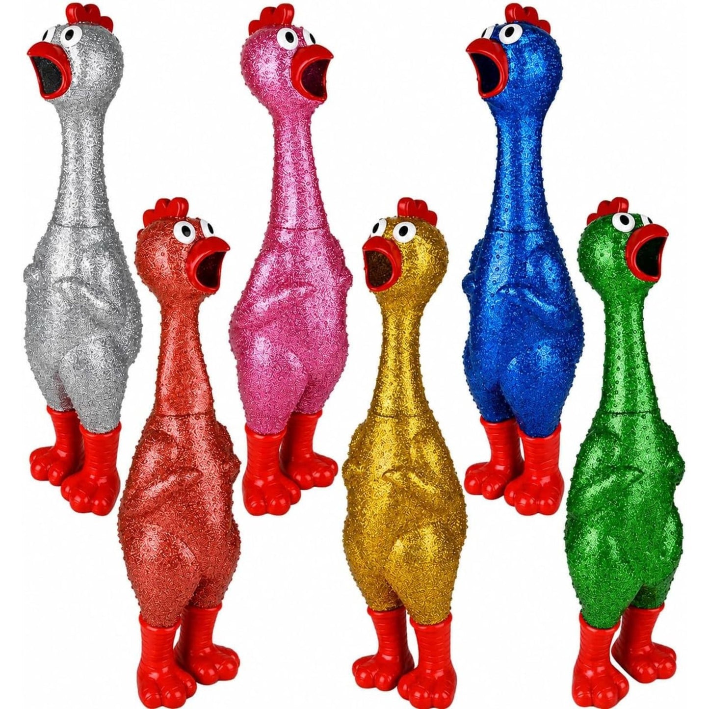 Six glittery rubber chicken toys in different colors (silver, red, pink, blue, gold, and green) standing in a row against a white background.