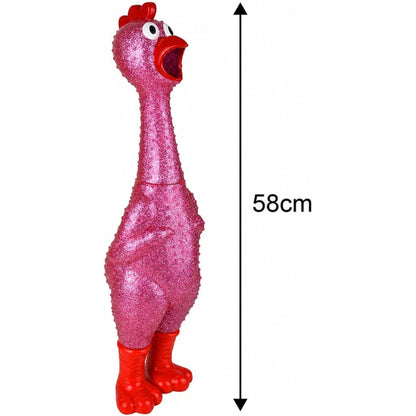 A pink glittery rubber chicken toy with red feet, a red comb, and an open red mouth, shown on a white background with a vertical dimension marker indicating 58cm height.