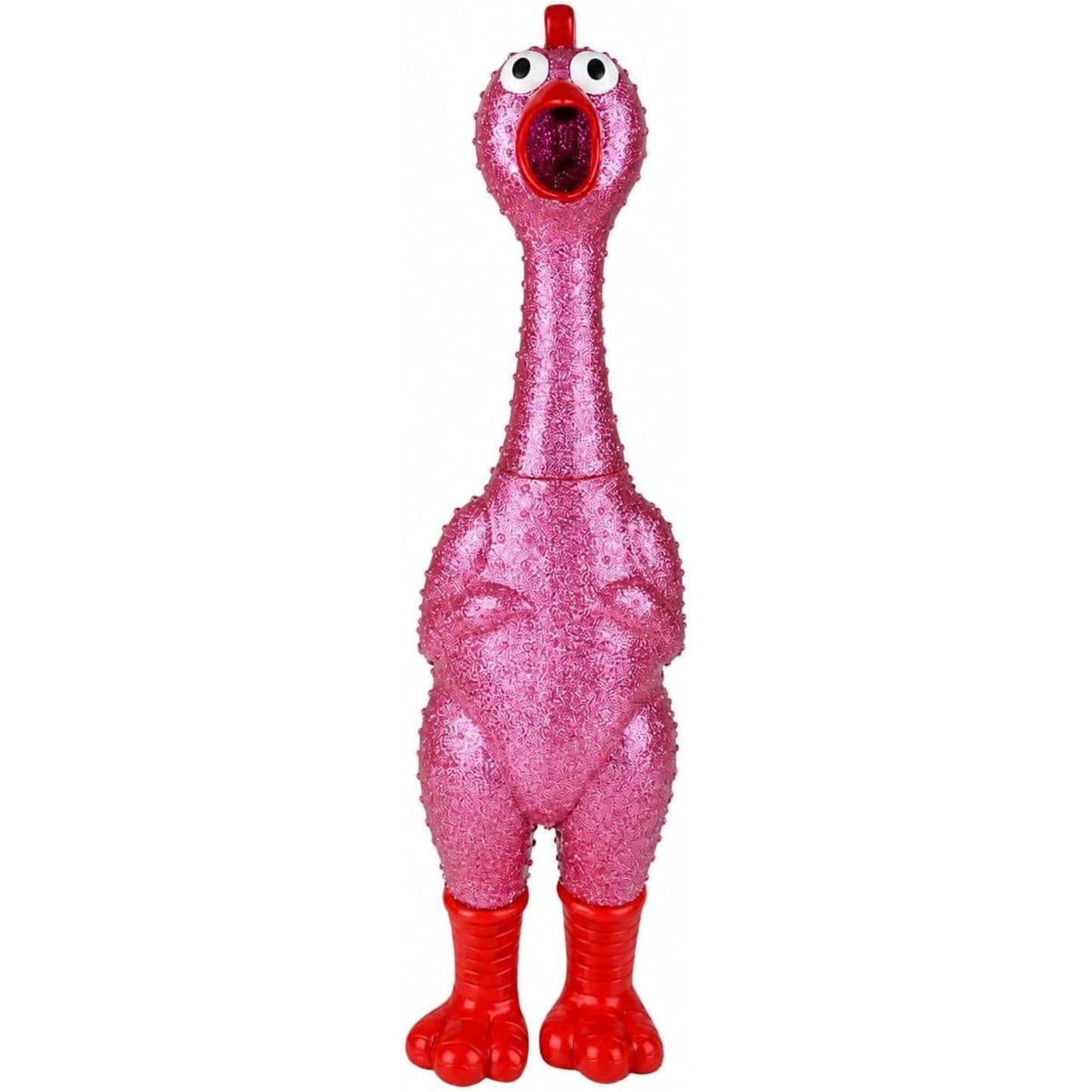 A pink glittery rubber chicken toy with red feet, a red beak, and white eyes, standing upright against a plain white background.