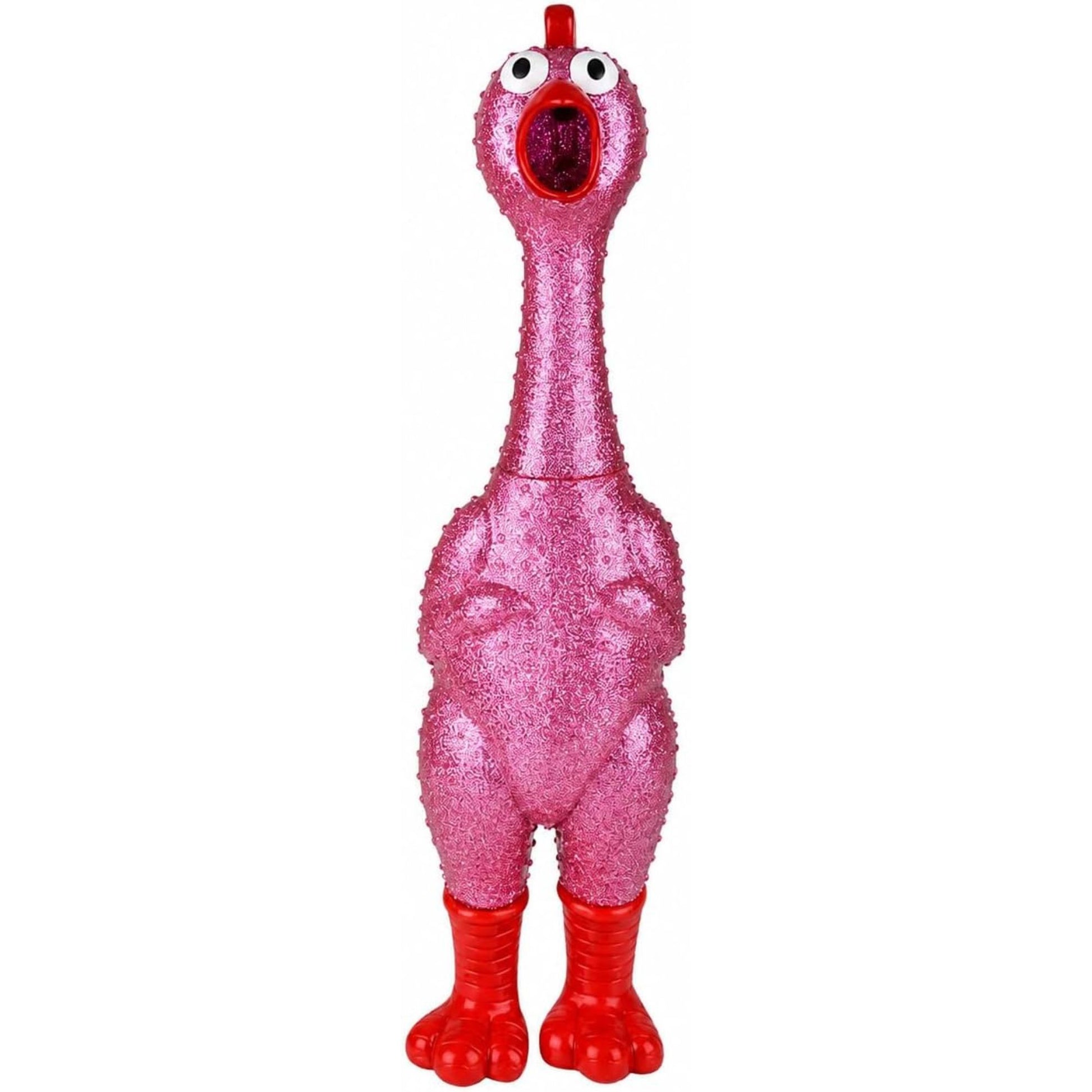 A pink glittery rubber chicken toy with red feet, a red beak, and white eyes, standing upright against a plain white background.