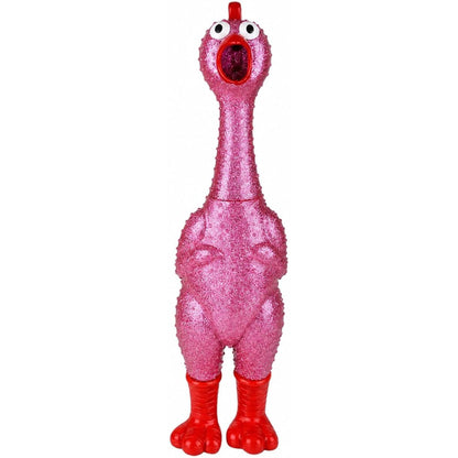 A pink glittery rubber chicken toy with red feet, a red beak, and white eyes, standing upright against a plain white background.