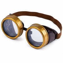 Vintage-style aviator goggles with round gold-tone metal rims, clear lenses, dark brown side covers, and a brown elastic strap, shown on a white background.
