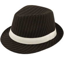Black pinstripe fedora hat with a white band on a white background