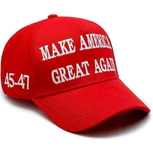 A red baseball cap with 'MAKE AMERICA GREAT AGAIN' and '45-47' embroidered in white on the front and side, shown on a plain white background.