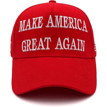 A red baseball cap with 'MAKE AMERICA GREAT AGAIN' embroidered in white block letters across the front panels, shown on a plain white background.
