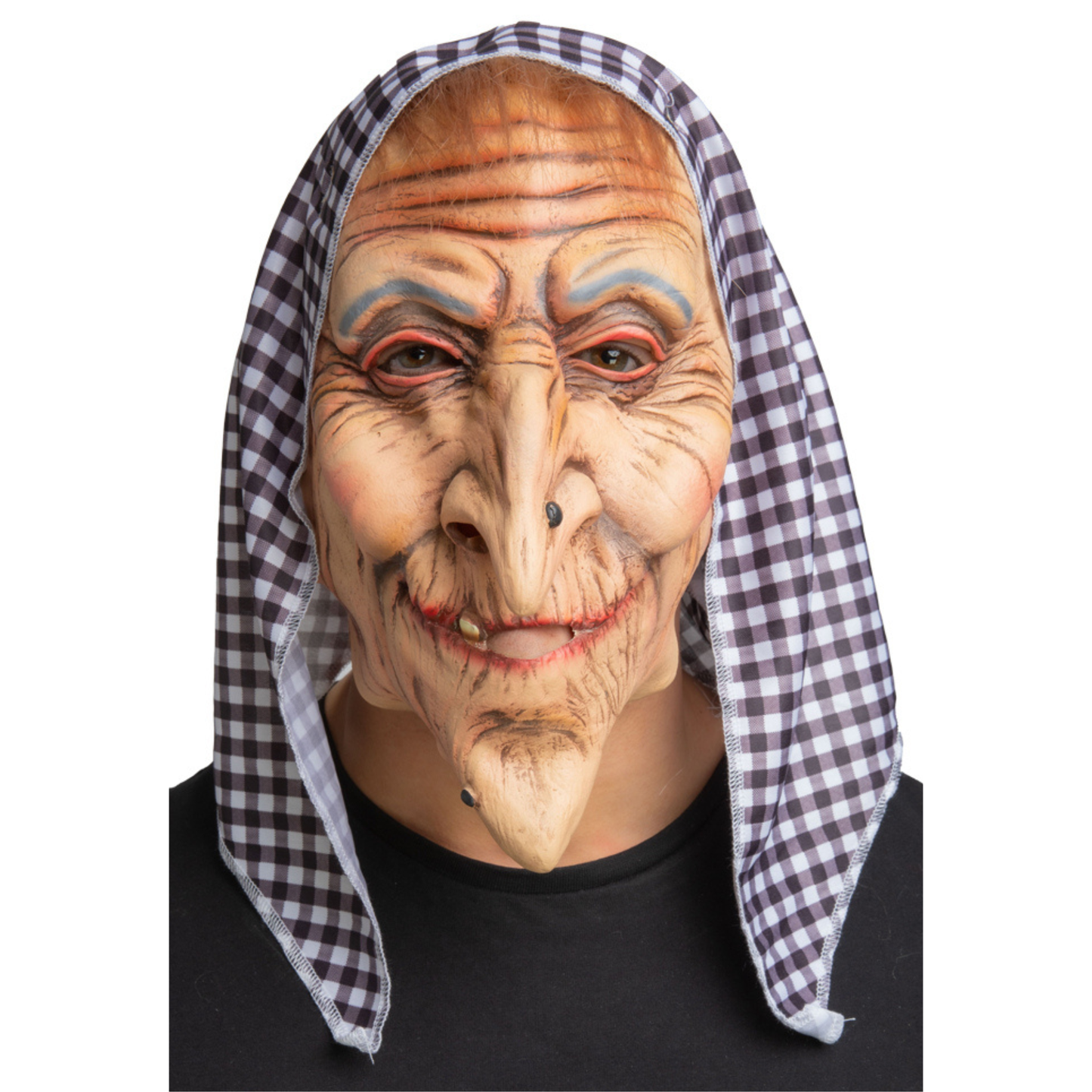 A realistic elderly woman's latex mask with wrinkled skin, blue eyeshadow, and a checkered black and white head covering, shown against a plain white background.