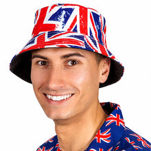 A man wearing a red, white, and blue Union Jack patterned bucket hat and matching patterned shirt, shown against a plain white background.