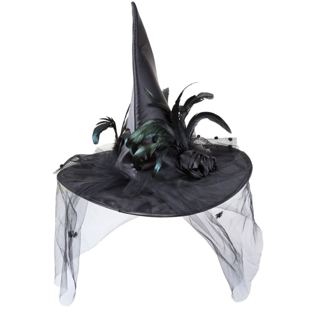 A black witch hat costume accessory with a tall pointed crown, wide brim, black tulle draping, and dark feathers with iridescent green highlights, shown on a plain white background.