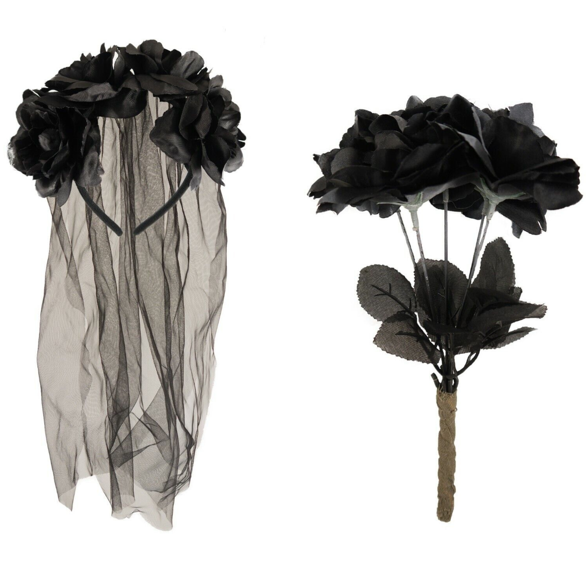 Black fabric rose headband with a sheer black tulle veil on the left, and a matching black fabric rose bouquet with dark leaves and a brown-wrapped stem on the right, shown against a plain white background.