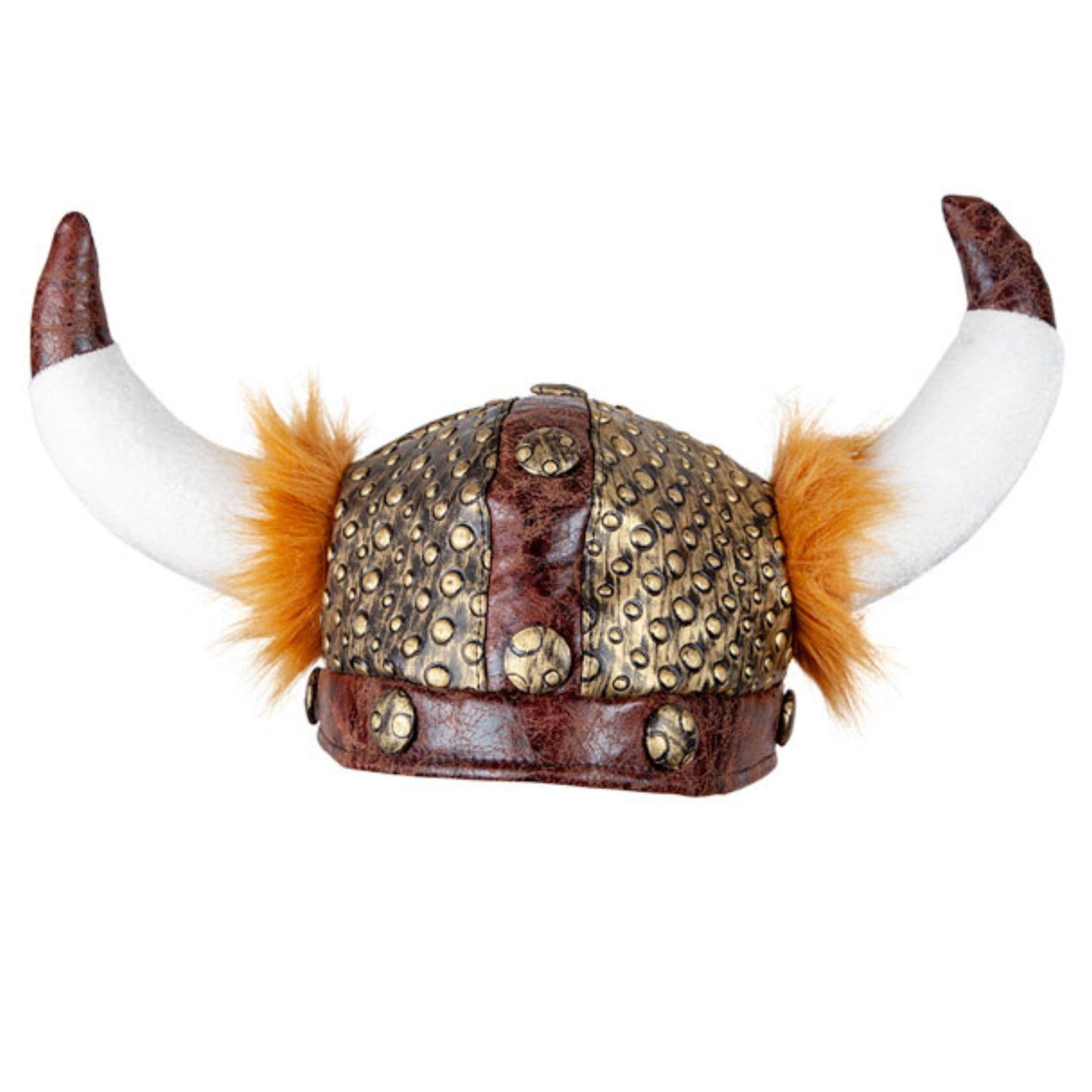 A Viking-style horned helmet with a metallic bronze and brown textured body, white horns with brown tips, and orange-brown faux fur accents on the sides, shown against a plain white background.