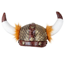 A Viking-style horned helmet with a metallic bronze and brown textured body, white horns with brown tips, and orange-brown faux fur accents on the sides, shown against a plain white background.