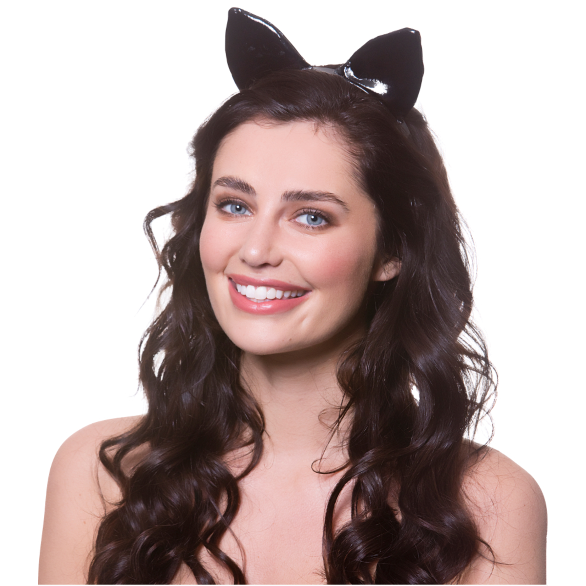 A smiling woman with long wavy dark brown hair wearing a glossy black cat-ear headband against a plain white background.