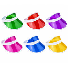 Six plastic visor hats in different colors (green, red, purple, pink, blue, yellow) arranged in two rows on a plain white background.