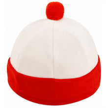 A white knit cap with a wide red band and a red pom-pom on top, shown against a plain white background.