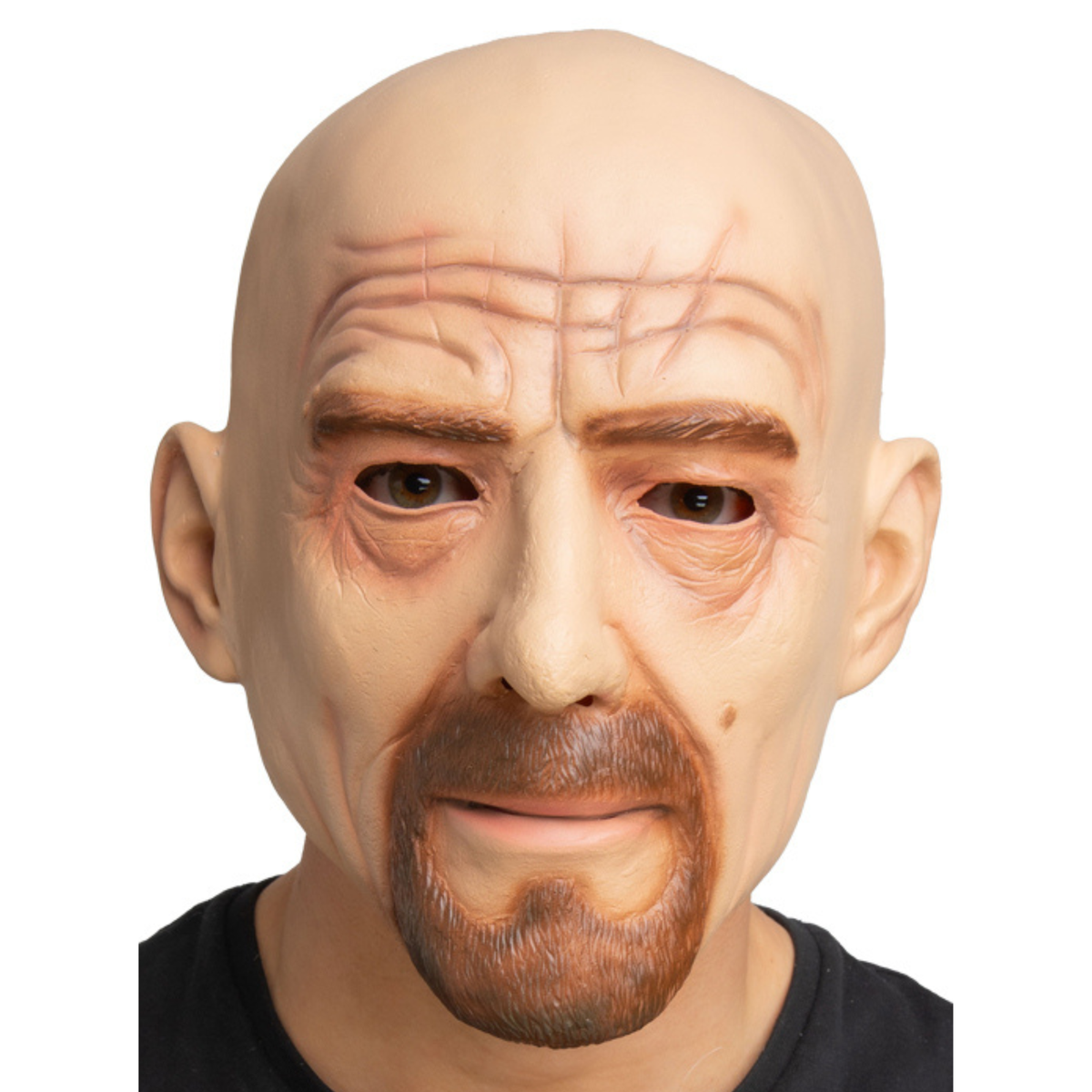 A realistic bald man mask with realistic wrinkles, brown eyes, and a brown goatee, shown on a white background.