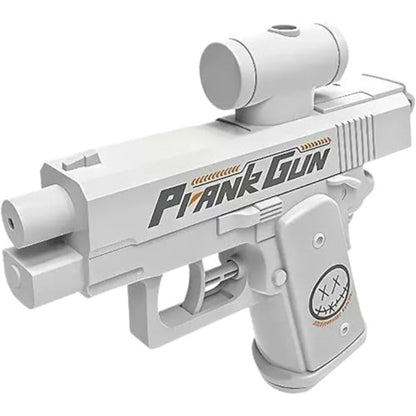 A white plastic prank gun toy with a mounted sight, featuring the text 'Prank Gun' printed on the side and a circular target graphic on the grip, shown against a plain white background.