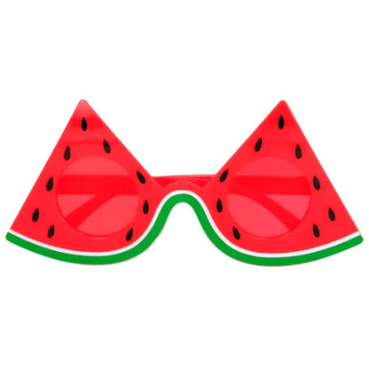 Sunglasses designed like watermelon slices on a white background